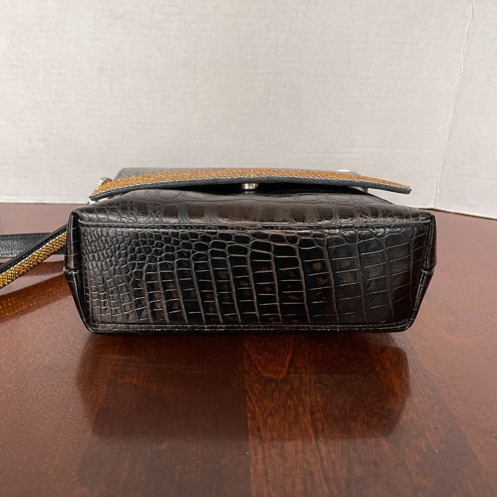 Raviani Black Flap Croco Embossed Leather Shoulder Bag w/Crystals - Picture 8 of 13